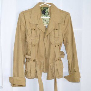 Vintage Women's Safari Style Belted Tan Jacket with Military Tactical Pockets